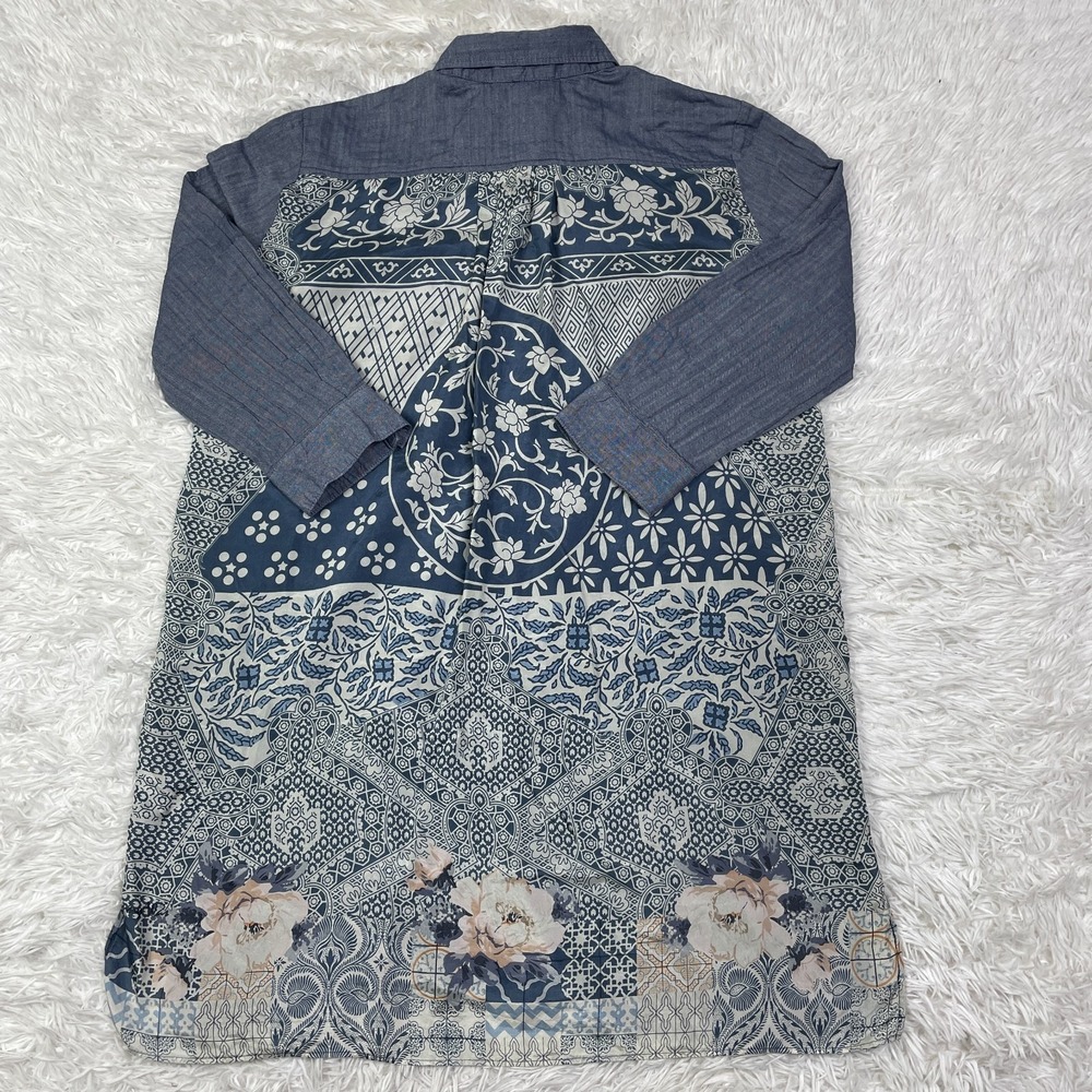 Johnny Was Shirt Womens M Blue Laite 3/4 Length Sleeve Scarf Silk Back Tunic
